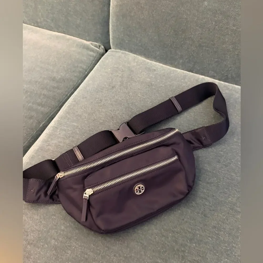 Tory Burch Black Nylon Belt Bag with Silver Hardware